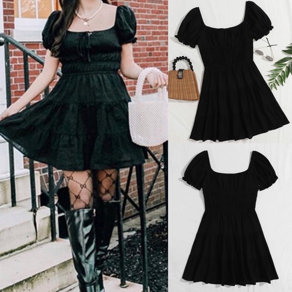 Milkmaid boho dress puff sleeve short shirred - Picture 2 of 11